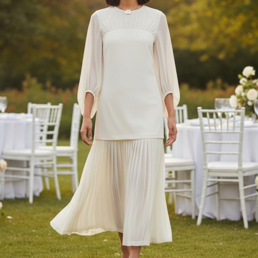 Tuckernuck Lorraine Pleated Midi Dress Ivory Bridal XL Formal Long Sleeves